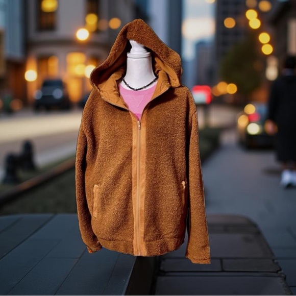 Sherpa Hooded Brown / Fleece Jacket fully lined zip up & pockets NWT Boutique - Picture 9 of 11